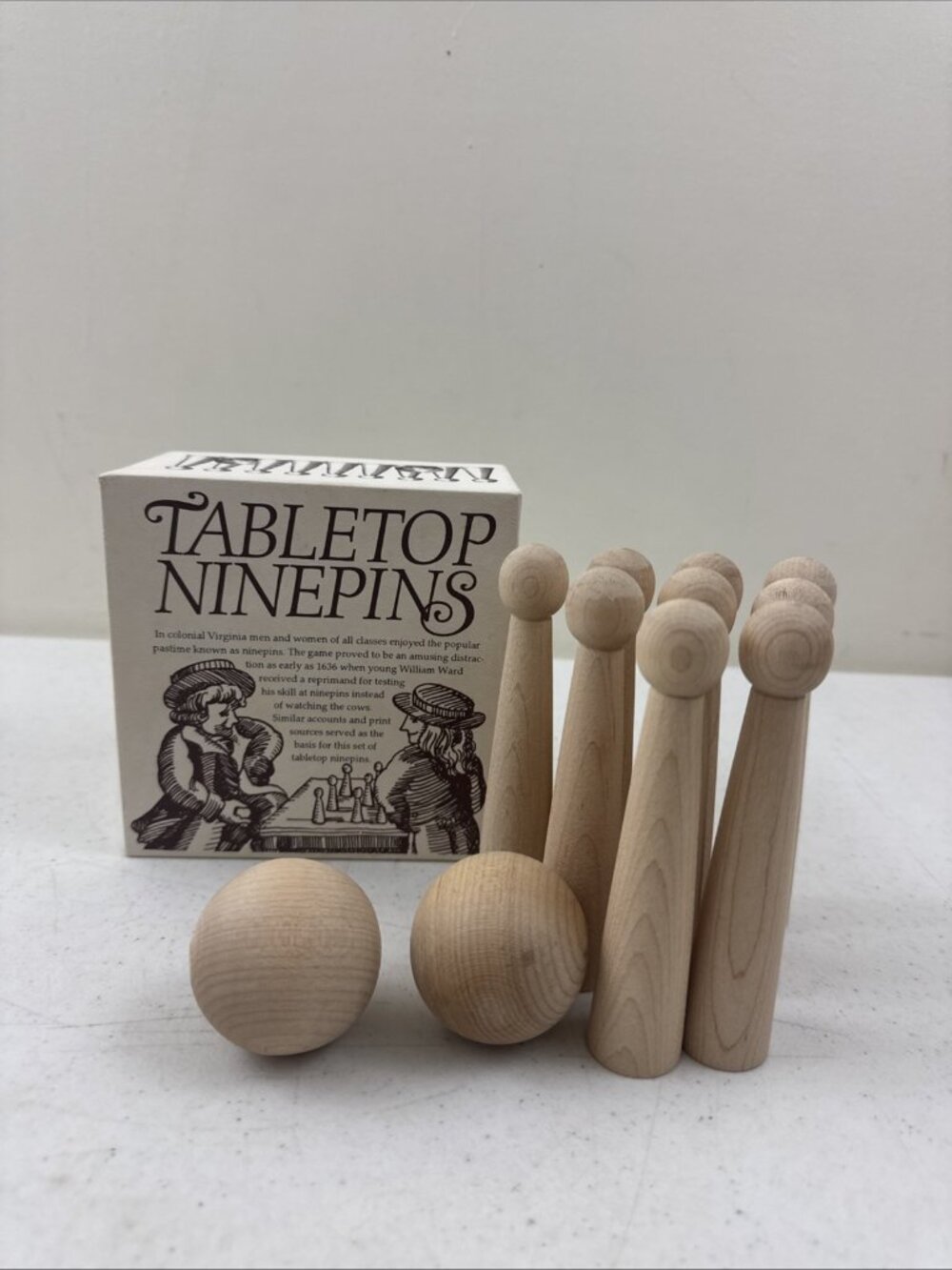 Vintage Williamsburg Tabletop Ninepins Wooden Game Cooperman Fife Drum Co Boxed